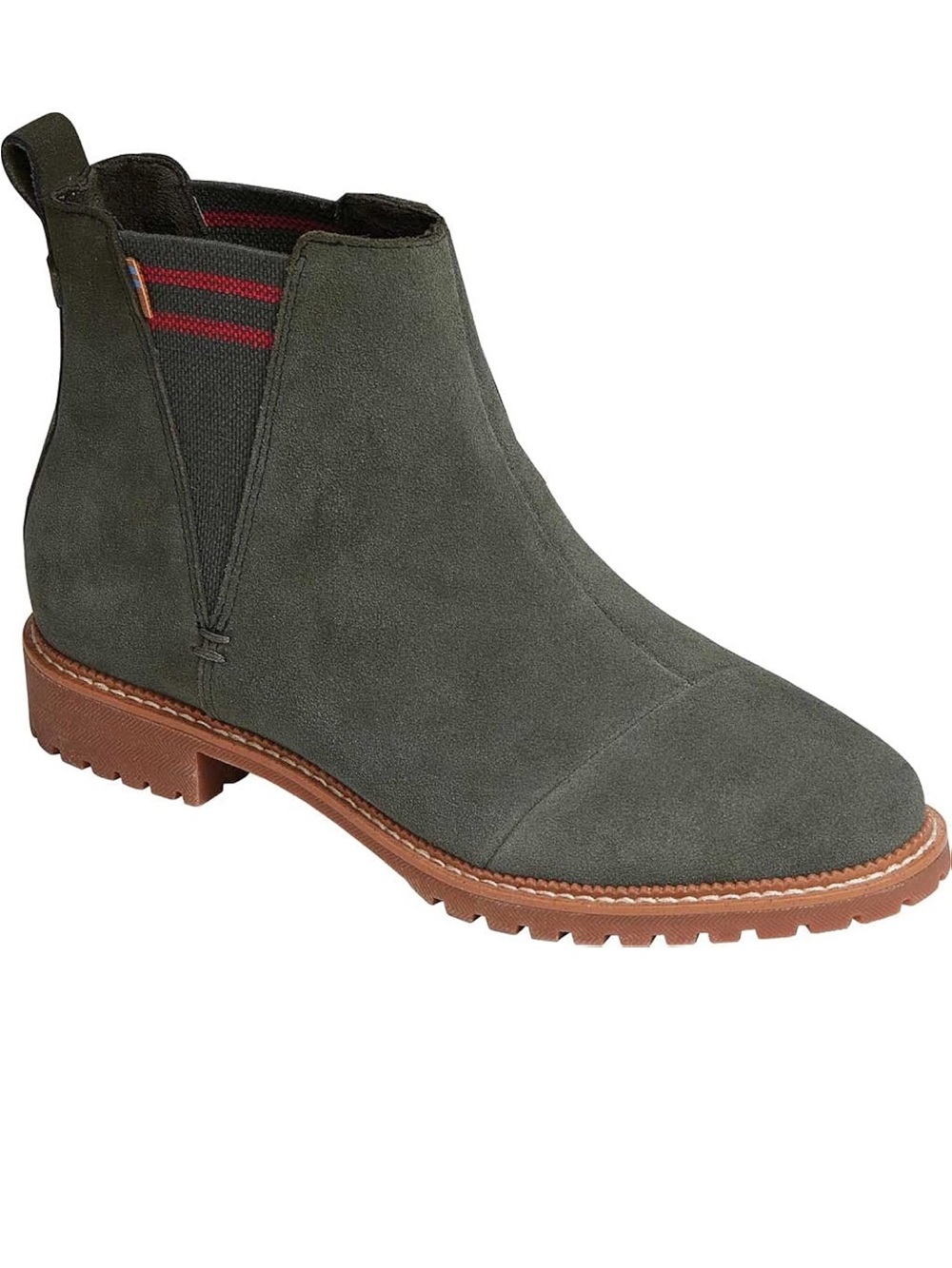 Toms Olive Suede Chelsea Boot with Red-Striped Elastic and Brown Lug Sole